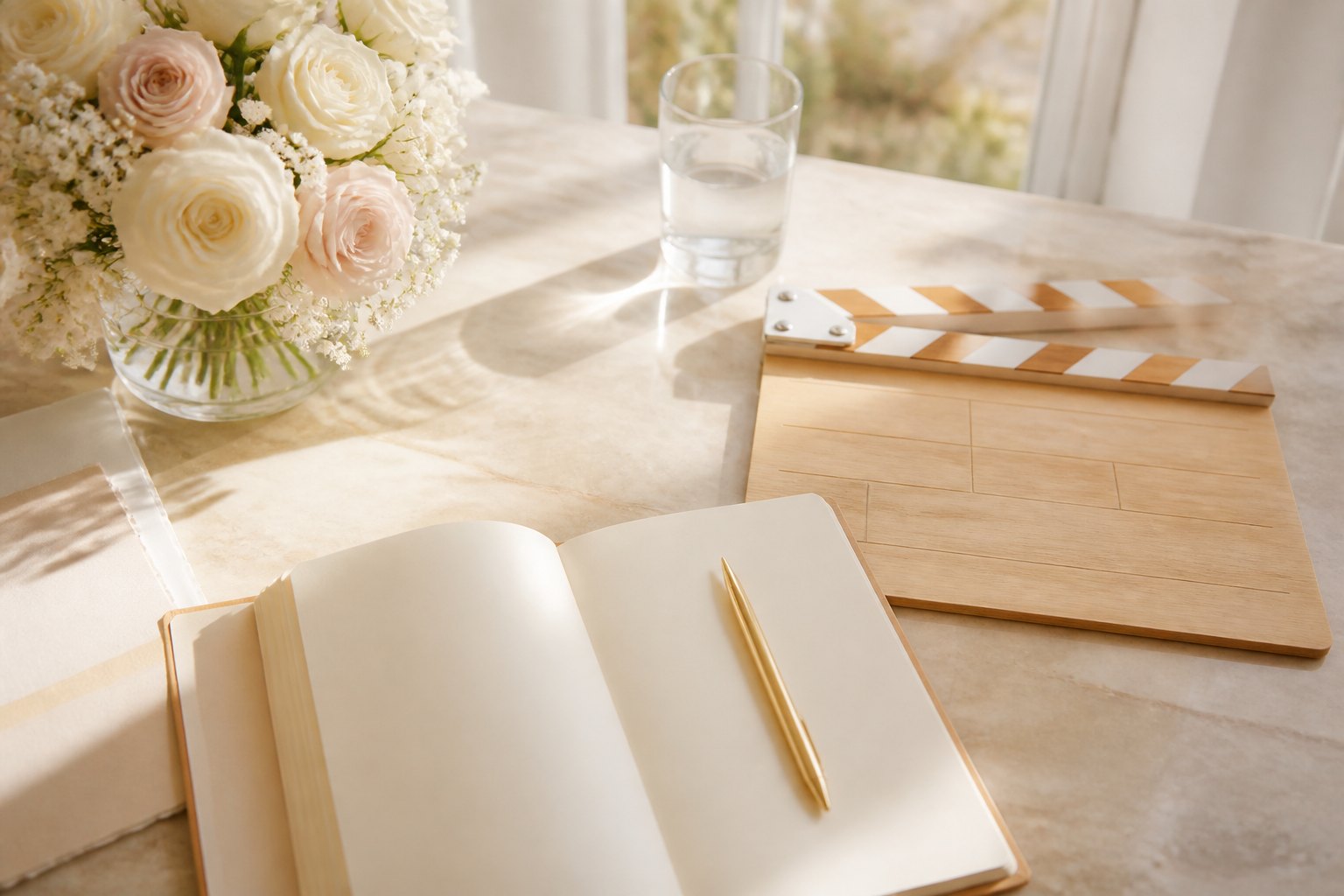 A sunlit planning table with roses, a notebook and a film slate.