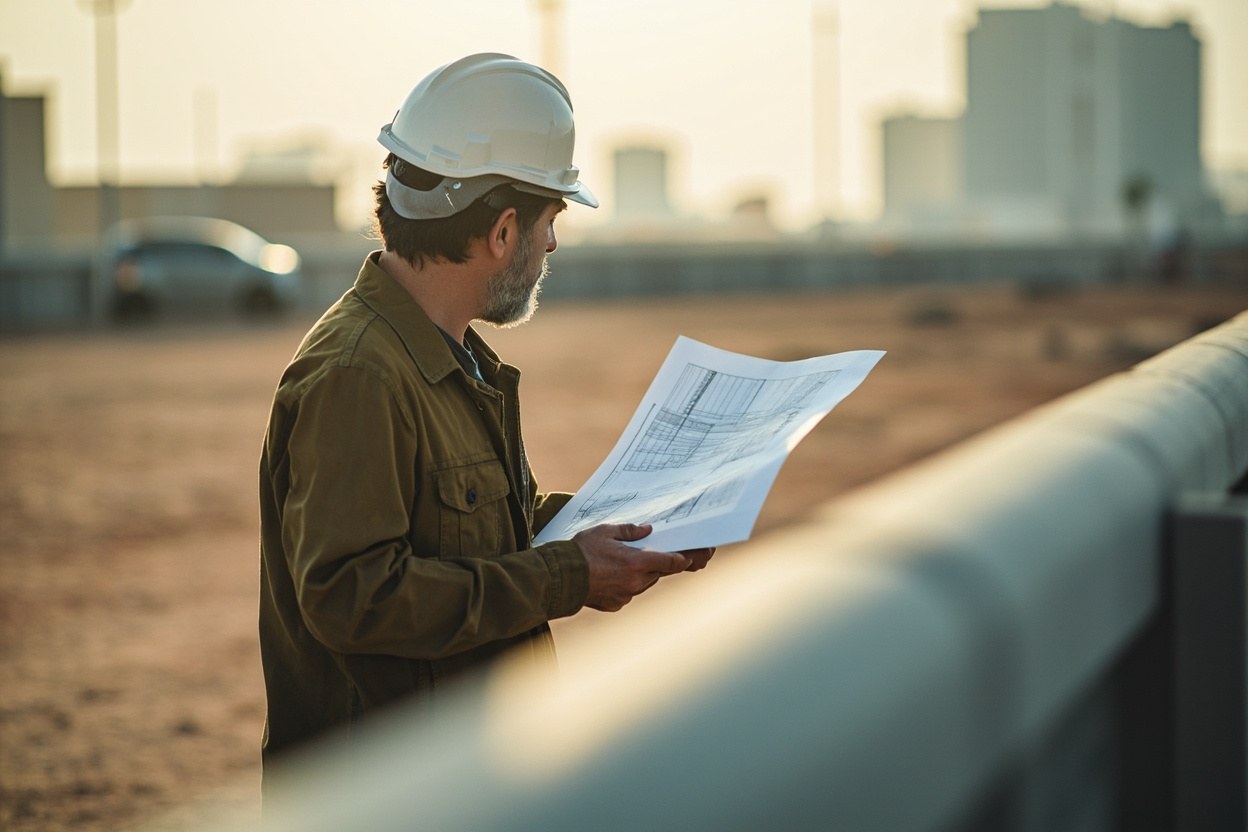 Civil engineer in hard hat reviewing rolled site plans at the edge of an outdoor event site in soft daylight
